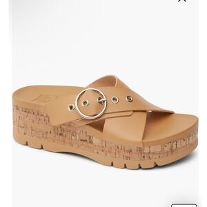 Reef Vista Higher Gia Cork Platform Wedge Sandals Tan Leather Buckle Women US 8